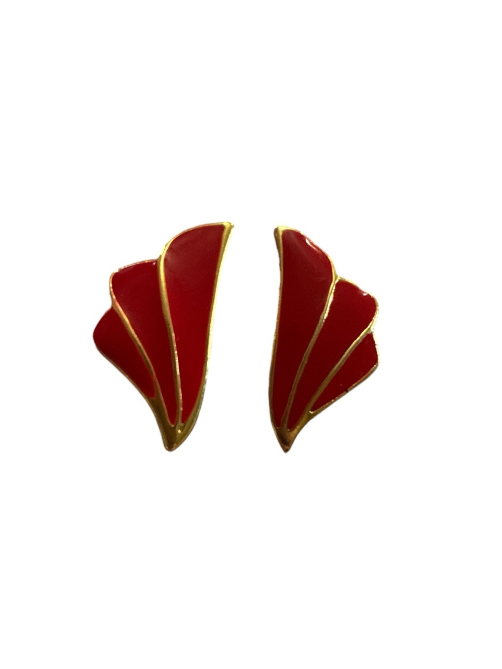Vintage Red Fan-Shaped Enamel Stud Earrings with Gold Trim